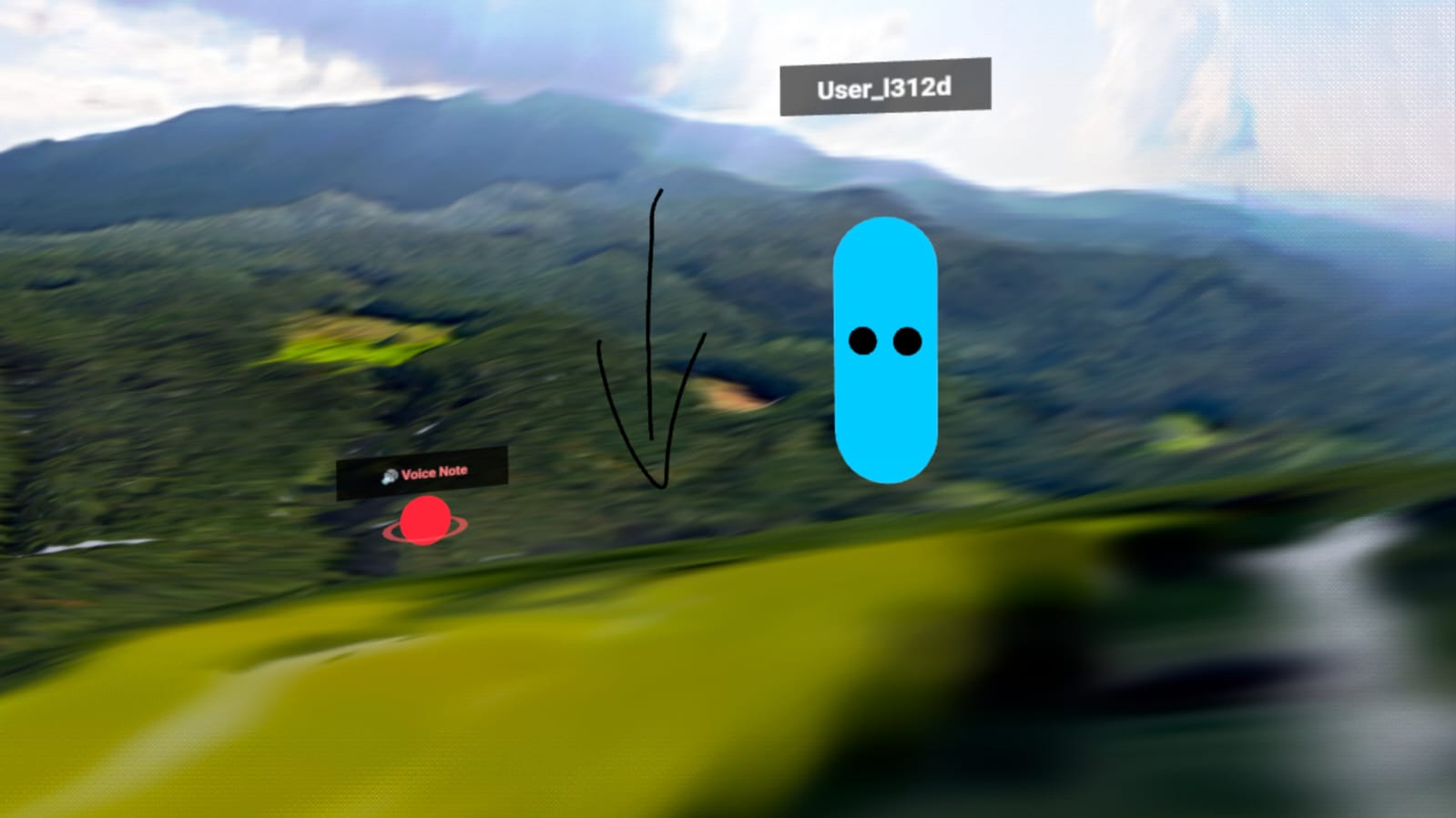 Splat world with a blue capsule representing another user looking at you with an arrow pointer down and Voice Note annotation next to it